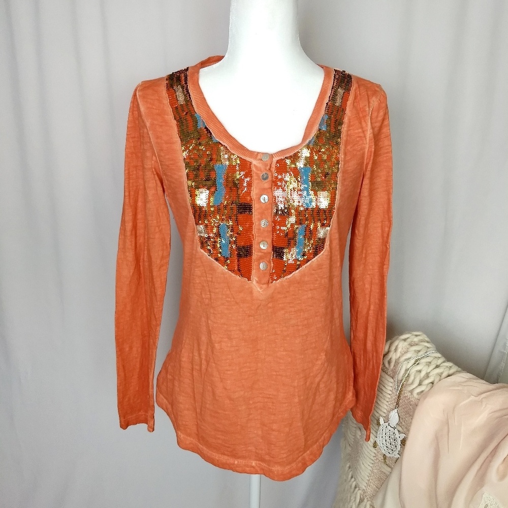 Orange Long-Sleeve Sequin Accent Women's Top
